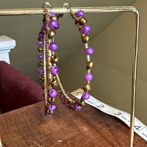 Jewelry - Vintage Purple and Gold Beaded Hoop Earrings Y2K